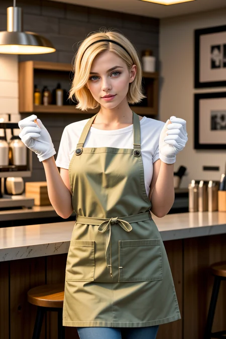 <lora:LCM_LoRA_Weights_SD15:1>,<lora:detail_slider_v4:1.1>,(casual barista) 29yo old adult Woman, busty build, short blonde curtain bangs hair, spanish, tan skin, light green eyes, wearing a headband, beige crisp white shirt, jeans, checked apron, sneakers, minimal eyeliner, a pair of stylish gloves,a wristwatch, set in an artistic counter, offering creative decor, unique seating, colorful lighting, and an eclectic ambiance, during afternoon,product photography, crisp details, clean composition, attention to detail, professional lighting, precise focus, appealing aesthetics, capturing textures, high-quality imagery, commercial appeal, creative presentation,