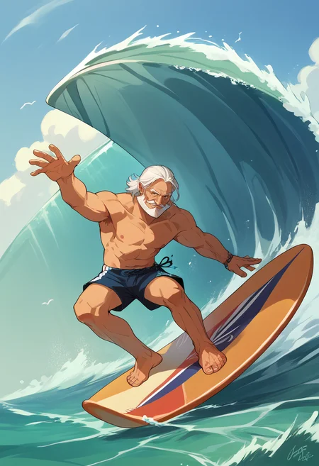 score_9, score_8_up, score_7_up, source_anime, RegalBuisnessman, old man, mustache, beard, medium hair, straight hair, incrssurfing, surfing, swimsuit, barefoot, surfboard, smile, <lora:Surfing_XLPD:1>, <lora:ChamRegalBuisnessmanPonyXL:1>,