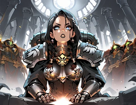 (score_9,score_8_up,score_7_up:1), 1girl, full body, center pov angle, noon lighting, dumb, (goth, (black lipstick, black mascara, black eyeshadow)), (soft body), neonglow color hair, laurel braided hair, choker, eyeshadow)), (pearly white glowing skin), medium breasts,<lora:breasts++-PD-swooping-1.0:1> swooping breasts, (crawling), foggy jewelry store, (<lora:Adepta_Sororitas_wh40k_Battle_Sisters:1> adepta sororitas, wh40k, battle sisters, power armor, black armor, pauldron), <lora:AsanagiP:1>