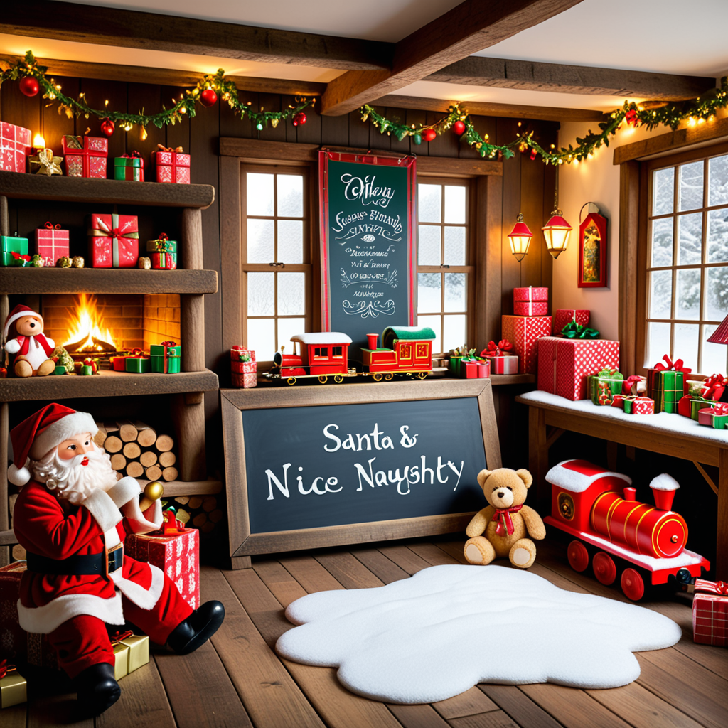 A warm, inviting photograph of Santa Claus's workshop, completely empty yet brimming with festive energy. The room is illuminated by soft golden light from lanterns hanging from wooden beams and a crackling fireplace in the corner. Wooden tables are scattered with tools, paints, and half-assembled toys, including a bright red train, a teddy bear, and colorful wooden blocks. Shelves along the walls overflow with vibrant gift boxes, plush toys, and neatly stacked wrapping paper rolls. The floor is dusted with wood shavings and glitter, adding a sense of activity left behind. Snow-covered windows reveal a faint winter landscape outside, with icicles hanging from the edges. A large chalkboard on one wall lists "Nice & Naughty" names in festive handwriting. The air feels magical, as though the elves just stepped out for a break, leaving the workshop frozen in a perfect holiday moment.<lora:SDXLFaeTastic2400:0.4> <lora:extremely_detailed:0.4> extremely detailed,, Masterpiece,best quality,hi res,8k,hi res,8k,award winning,(sharp focus, intricate, highly detailed),