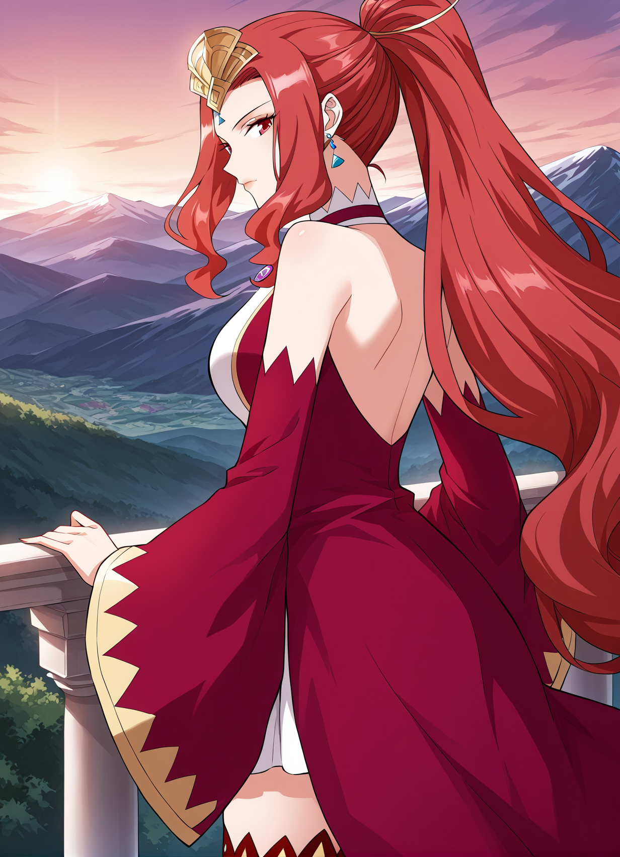 <lora:Cao_Ying__Battle_Through_the_Heavens__Illustrious:1>
1girl, solo, red eyes, sharp eyes, long hair, high ponytail, red hair, ahoge, hair ribbon, hair ornament, wavy hair, sidelocks, anime style, 
fantasy outfit, ornate dress, sleeveless dress, off shoulder, high collar, flared sleeves, asymmetrical skirt, short dress, wide sleeves, detached sleeves, red sleeves, red thighhighs, thigh boots, red boots, fantasy outfit, ornate dress, gemstone necklace, tiara,forehead jewel, earrings, elegant, royal, fantasy girl, 
score_9, score_8_up, score_7_up, source anime, BREAK, cowboy shot, (from side), looking back, looking at viewer, overlooking mountain, high altitude, scenery, exterior, background, (solo), perfect hands
