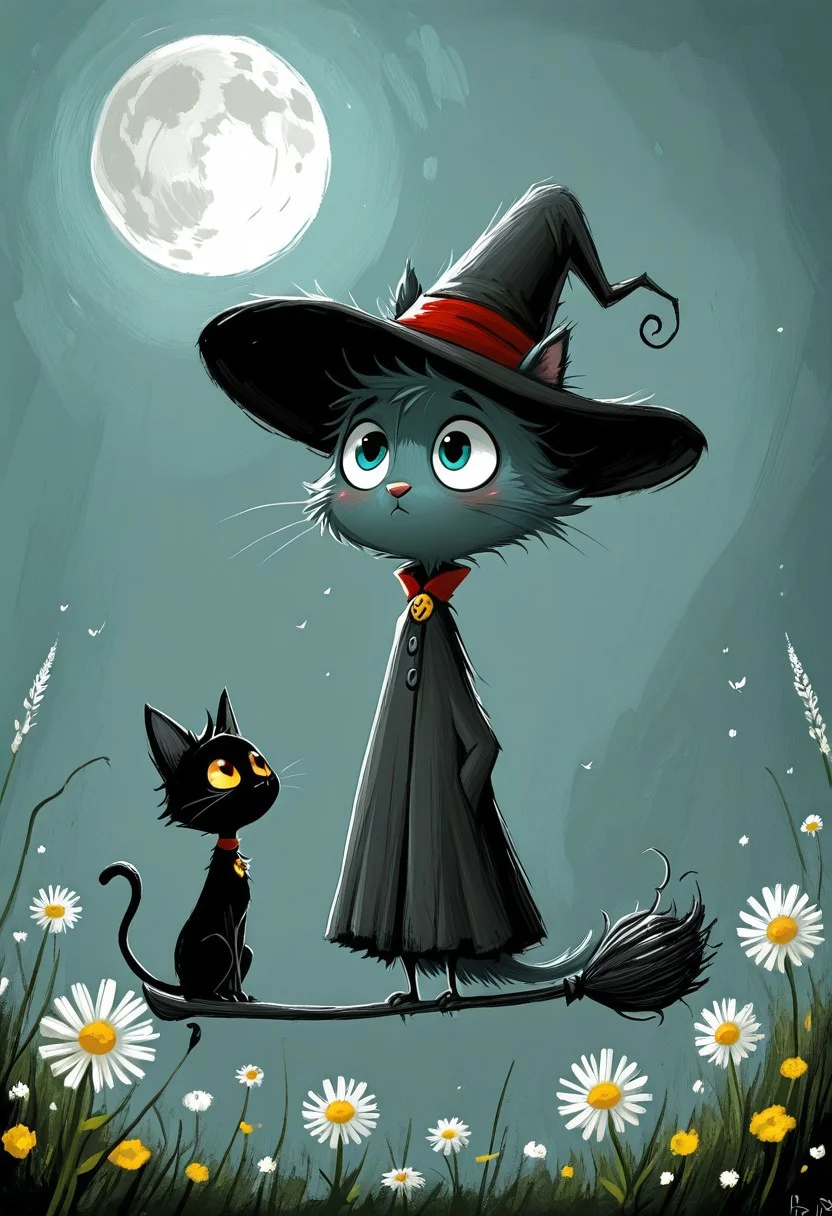 one black cat, ((flying on broomstick)), midnight, full moon, yellow-white flowers, Tim Burton style, dark whimsical art style, digital painting, expressive brushstrokes, teal background, enormous eyes, amber eyes, blue eyes, spiky fur, messy fur, Victorian rooftops, magical sparkles, tiny wizard hat, detailed