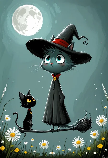 one black cat, ((flying on broomstick)), midnight, full moon, yellow-white flowers, Tim Burton style, dark whimsical art style, digital painting, expressive brushstrokes, teal background, enormous eyes, amber eyes, blue eyes, spiky fur, messy fur, Victorian rooftops, magical sparkles, tiny wizard hat, detailed