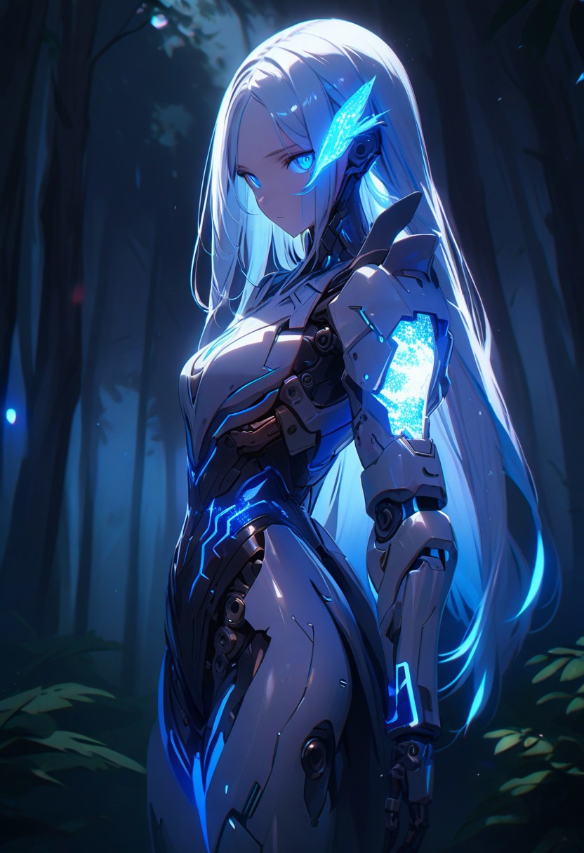 ((masterpiece), (best quality), (ultra-detailed), 
illustration, 3DMM,
1woman, deep blue eyes, blue hair , very long hair, forehead, black footwear, high heels, standing, looking at viewer, trees,  night sky, stars, forest, futuristic,  hand prosthesis, scifi , lrg prosthesis, glossy, armor, cyborg,  perfect body, silver and blue glow,  mechanical joints, from back, chiaroscuro shading, extra detailed eyes, perfect eyes,
  prostheses, cyber prostheses, glowing hair, detailed face, blue particle, upper body, face focus,)