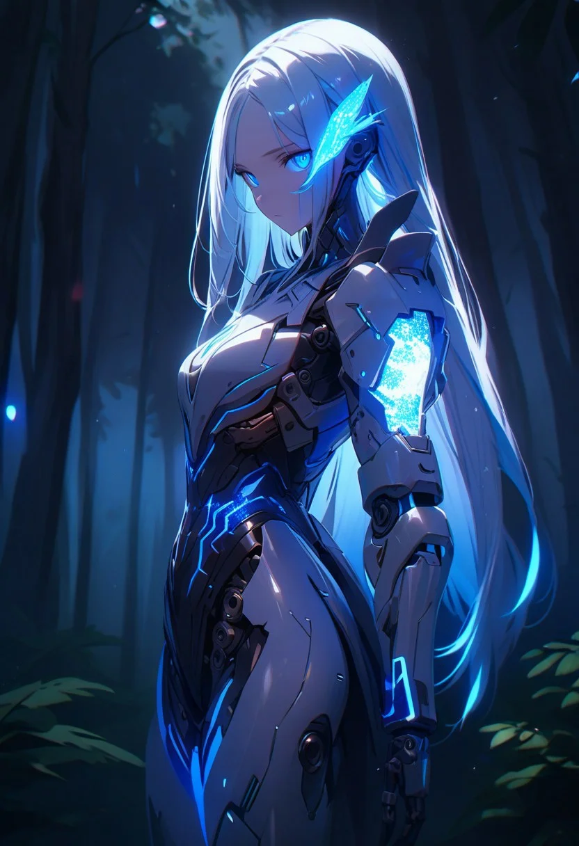 ((masterpiece), (best quality), (ultra-detailed),
illustration, 3DMM,
1woman, deep blue eyes, blue hair , very long hair, forehead, black footwear, high heels, standing, looking at viewer, trees, night sky, stars, forest, futuristic, hand prosthesis, scifi , lrg prosthesis, glossy, armor, cyborg, perfect body, silver and blue glow, mechanical joints, from back, chiaroscuro shading, extra detailed eyes, perfect eyes,
prostheses, cyber prostheses, glowing hair, detailed face, blue particle, upper body, face focus,)