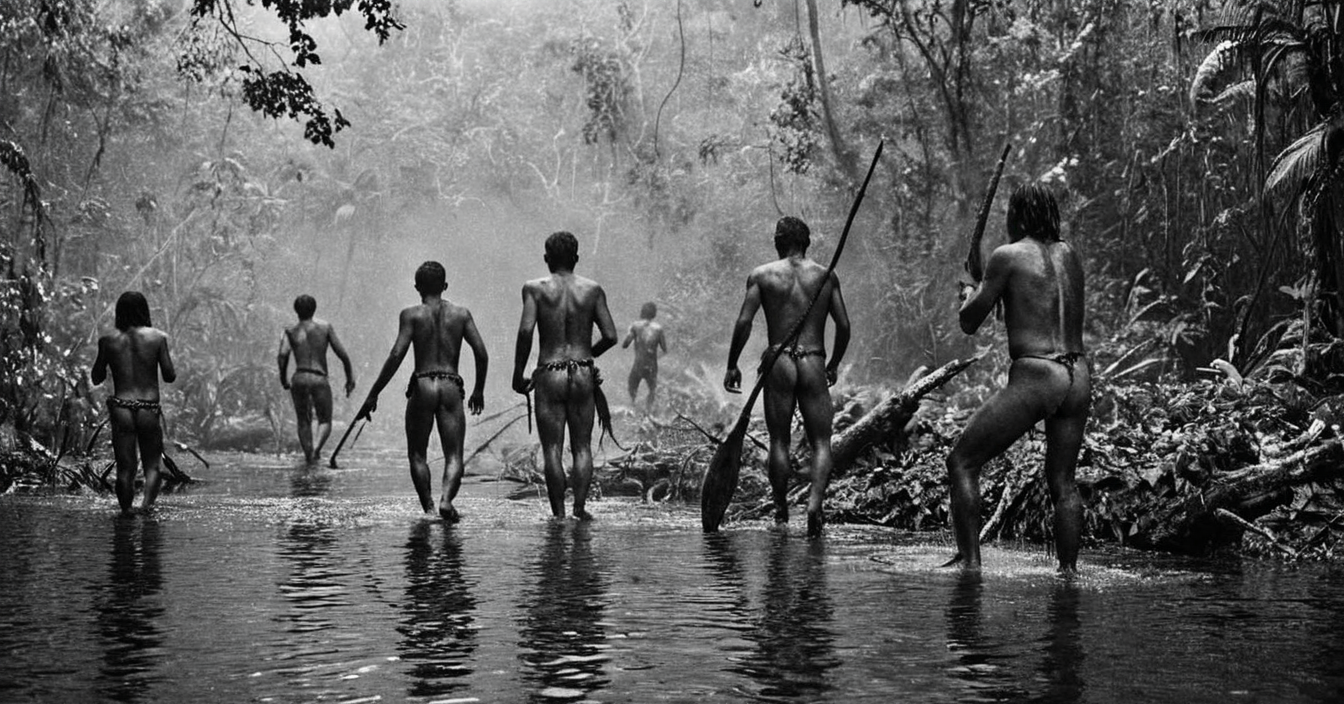 black and white photograph of few indigenous people hunting in the amazonian rain forest, insane details, dramatic lights, high definition, 35mm camera, film photography style, heavy grain, ral-chrosc-bw, masterpiece, national geographic style, strong vignette, high contrast
