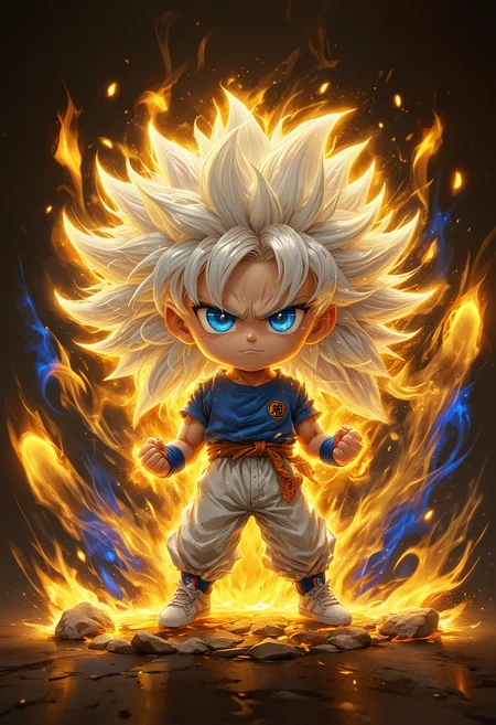 dragon ball style, 3D Anime-style chibi boy with long thick spiky white hair glowing golden, Intense blue eyes, White t-shirt, gray pants, white sneakers. Surrounded by golden energy aura and flames, Dark background with dramatic lighting. Powerful, energetic pose, <lora:Niji:0.5>, <lora:MJ52:0.3>, <lora:detailed_notrigger:0.7>