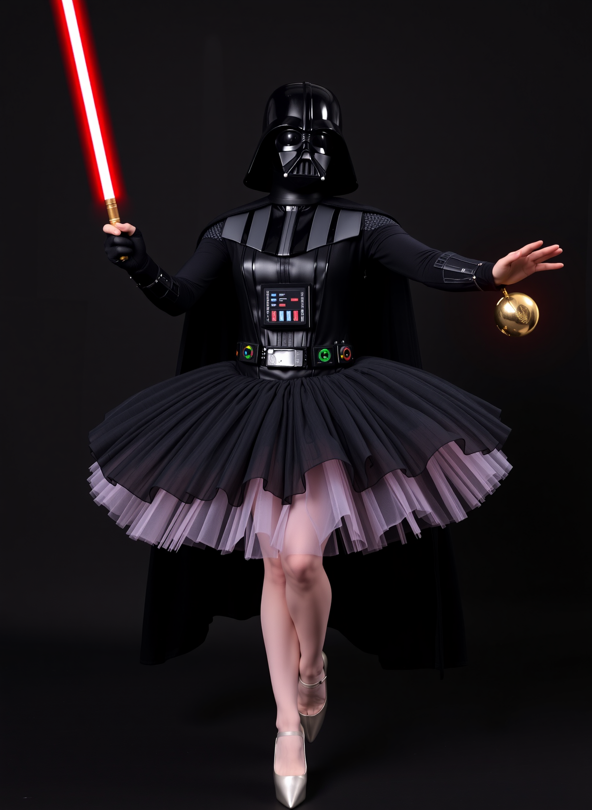 feminized Darth Vader dancing in a ballerina outfit