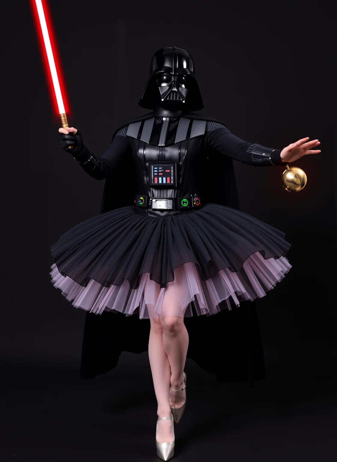 feminized Darth Vader dancing in a ballerina outfit