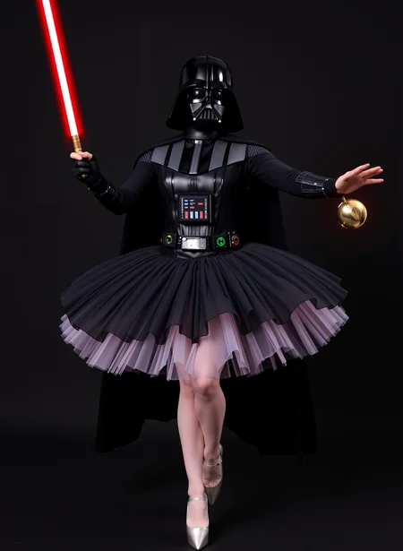 feminized Darth Vader dancing in a ballerina outfit