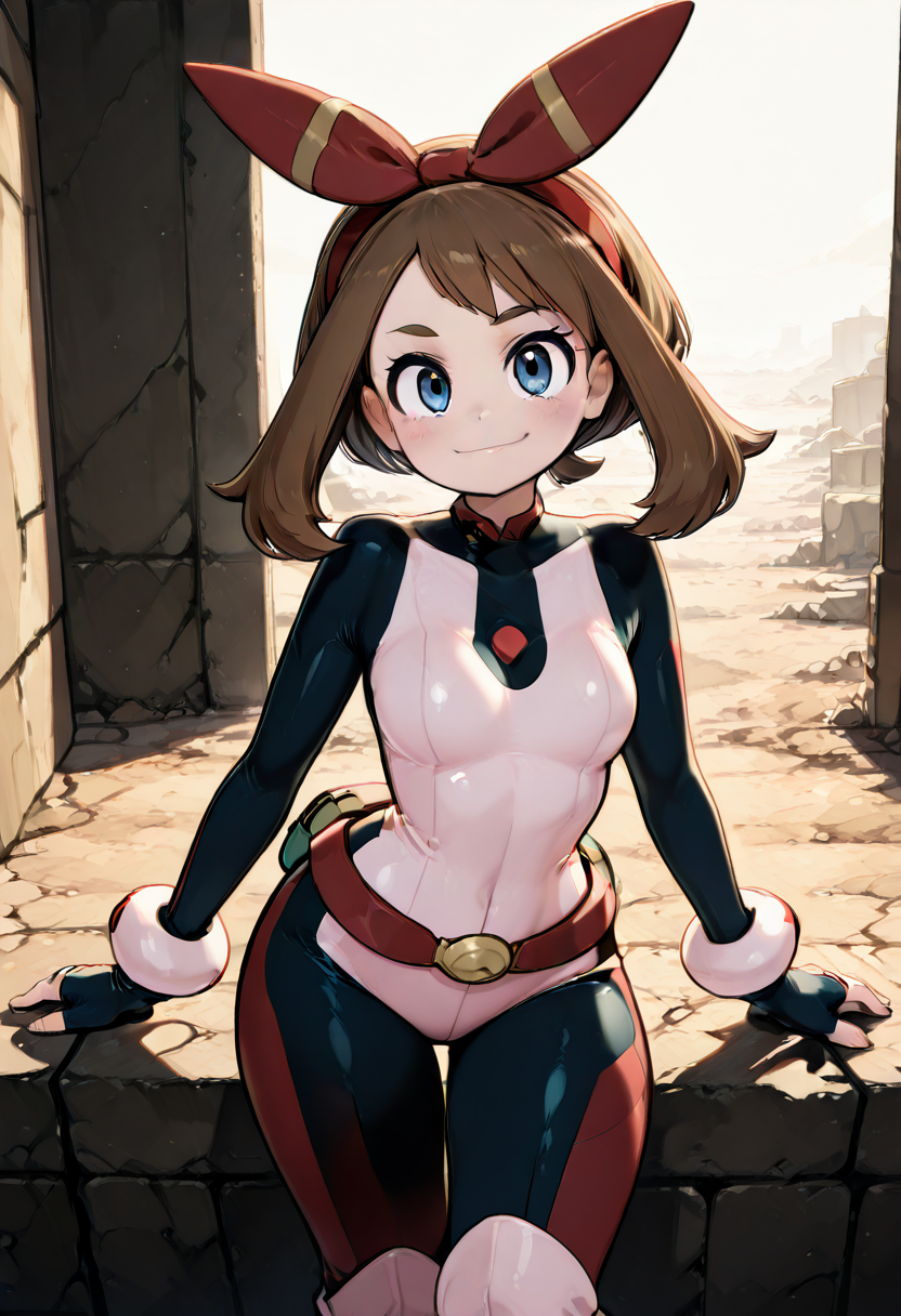 masterpiece, best quality, 1girl, eyelashes, (beautiful eyes), looking at viewer, smile, narrow waist, wide hips,  sitting,  zzMayOchako, blue eyes, brown hair, medium hair, red hairband, knee boots, belt, bodysuit,   (foreshortening),  ,<lora:MayOchakoPokemon_IXL:1.0>, , smile, looking at viewer, cowboy shot, leaning forward, smug,  <<lora:MantisIXL_v2:0.8>,