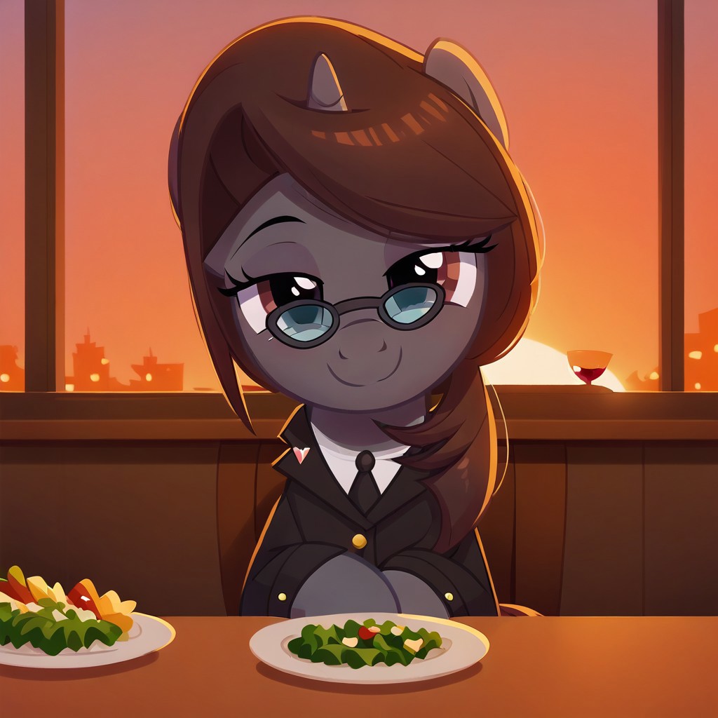 masterpiece, perfect detail, best high quality, source_pony, show accurate, cute, 1girl, female, solo, oc:sonata, glasses, attorney suit, badge on collar, pony, tail, sitting, sitting in chair, table, wine glass, wine bottle, plate, silverware on table, fork, knife, napkins, fancy restaurant, salad on plate, candles, windows, sunset, smile, closed mouth, beautiful, bedroom eyes, looking at you, facing you, sitting across from you, pov, score_9, score_8_up, score_7_up, score_6_up, score_5_up, score_4_up