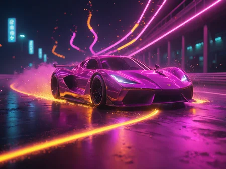 glowneon, cinematic film still, sports car on a superspeed track emitting sparks, magenta and orange <lora:glowneon_xl_v1:1>