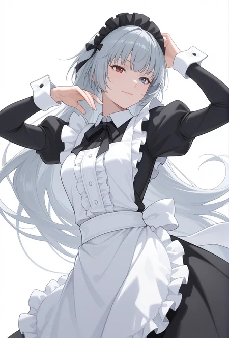 Smooth Quality,masterpiece,very intricate, high quality details, ultra realistic, high detailed skin,detailed enviorement,absurdres,
simple background, white background,solo,
dutch angle,dancing, 
seductive smile,
 <lora:Valentine_CNR:0.8> valentine_cnr, 1girl, blue eyes, grey hair,red eyes,  heterochromia, blue eyes,very long hair,  valentine_maid,black ribbon, bow, dress, frills,juliet sleeves, maid apron,black maid headdress, puffy sleeves, ribbon,