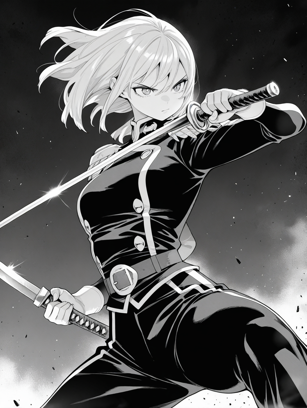 <lora:modu-000055:1>,greyscale,1girl,fighting stance,weapon,holding weapon,, masterpiece,best quality,amazing quality,
