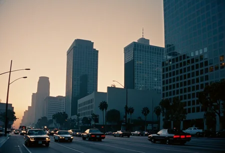 cinematic still photography, Los Angeles cityscape, dawn or dusk, warm golden light, sprawling metropolis, towering skyscrapers, bustling streets, hint of smog, cinematic framing, low-angle shot, wide lens, cinematography inspired by Dante Spinotti, direction inspired by Michael Mann, 1990s urban landscape. Hollywood action movie film style,  <lora:Hollywood action movie film style:0.85>