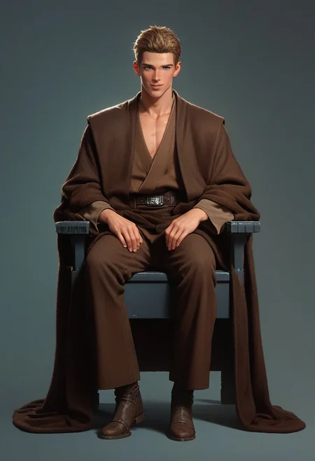 score_9,score_8_up,score_7_up,score_6_up, 1boy, boy,(handsome, cute) solo, blue eyes, blond hair, sitting on chair, smug,, very short hair,(muscular body:0.9)), Sci-fi Environments, Sci-fi chair, jedi robe, 1boy, male focus, full body, jedi robe, belt, brown clothes, robe, coat, Coruscant