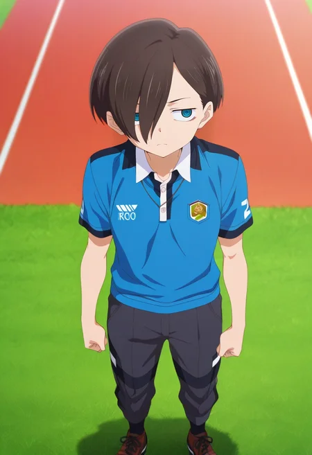 masterpiece, best quality, , anime screencap, anime coloring, official style, , 1boy, solo, male focus, <lora:kyoutarou_ichikawa_ilxl:0.94>, kyoutarou_ichikawa, brown hair, blue eyes, short hair, hair over one eye, bangs, , Rayon Pleated corduroy pants, Rugby polo, Wingtip shoes, , Medallion