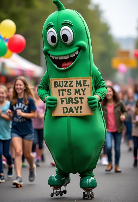 A man dressed in a goofy oversized mascot costume of a pickle, holding a glittery sign that says "Buzz me, it’s my first day!" while struggling to balance on roller skates, surrounded by a laughing crowd and children chasing him with balloons, vibrant and hilarious, 16k