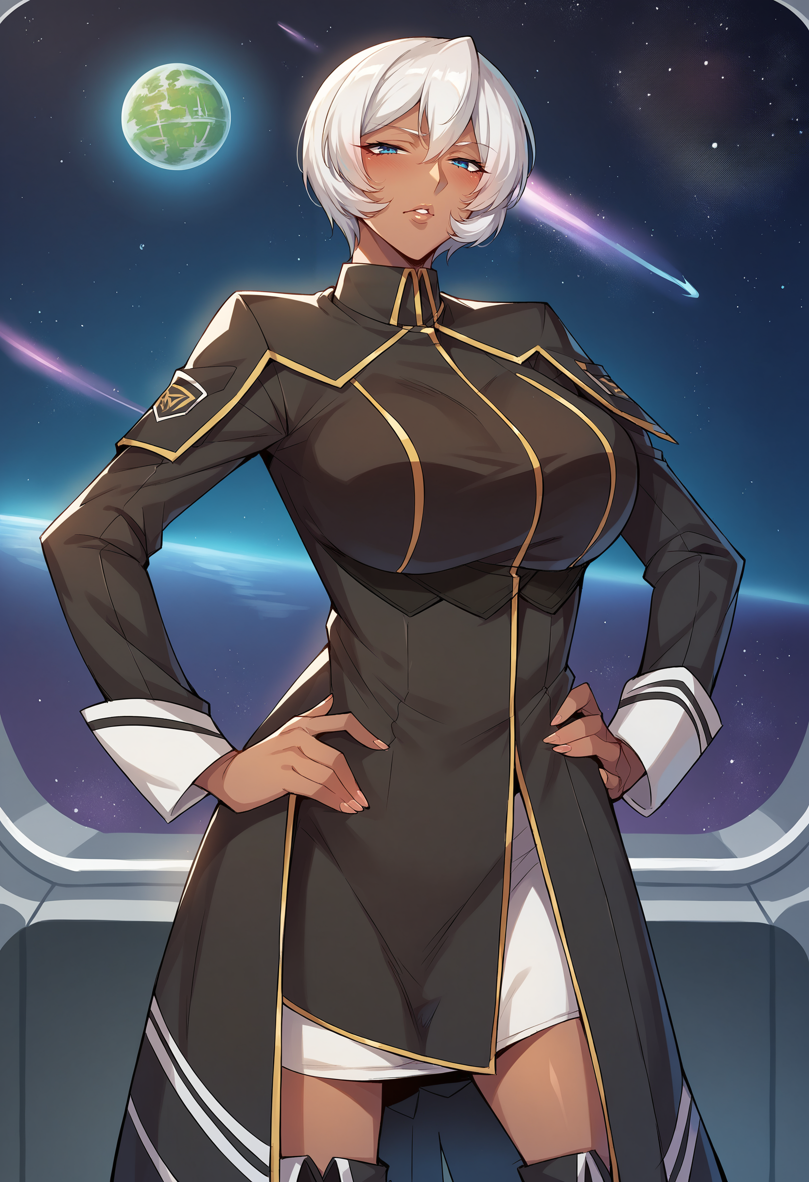 score_9, score_8_up, score_7_up, score_6_up, rating_safe, BREAK,
kiria jef is standing, hands on own hips, cowboy shot,
1girl, mature female, dark-skinned female, solo,
looking at viewer, blush, parted lips,
white hair, short hair, blue eyes,
black coat, knee boots, 
indoors, spacecraft, window, space, night, star \(sky\),
<lora:kiria jef3216PDXL:1>