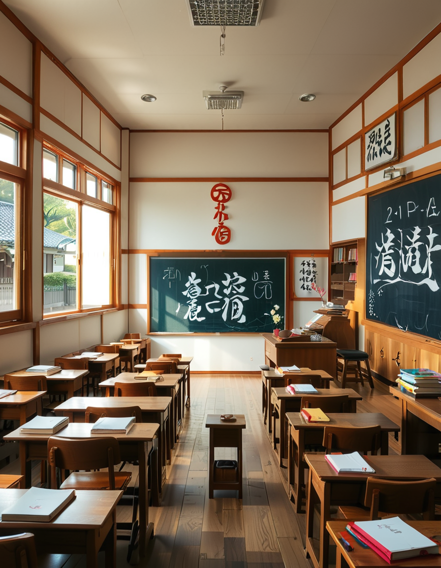 A traditional Japanese classroom during daytime, filled with wooden desks and chairs neatly arranged in rows. Large windows on one side let in natural light, showing a view of cherry blossom trees outside. The room has a chalkboard at the front with neatly written Japanese characters, and a teacher's desk with books and stationery. Educational posters with kanji and hiragana hang on the walls, alongside a clock above the board. The floor is polished wood, reflecting the soft sunlight. The atmosphere is calm and orderly, evoking a nostalgic and warm feeling. The image is highly detailed, realistic, and well-lit, capturing the traditional Japanese school environment.
<lora:SDXLFaeTastic2400:0.4> <lora:extremely_detailed:0.4> extremely detailed, <lora:Japanese_cl4ssr00m:1>,Japanese cl4ssr00m, Masterpiece,best quality,hi res,8k,hi res,8k,award winning,(sharp focus, intricate, highly detailed),