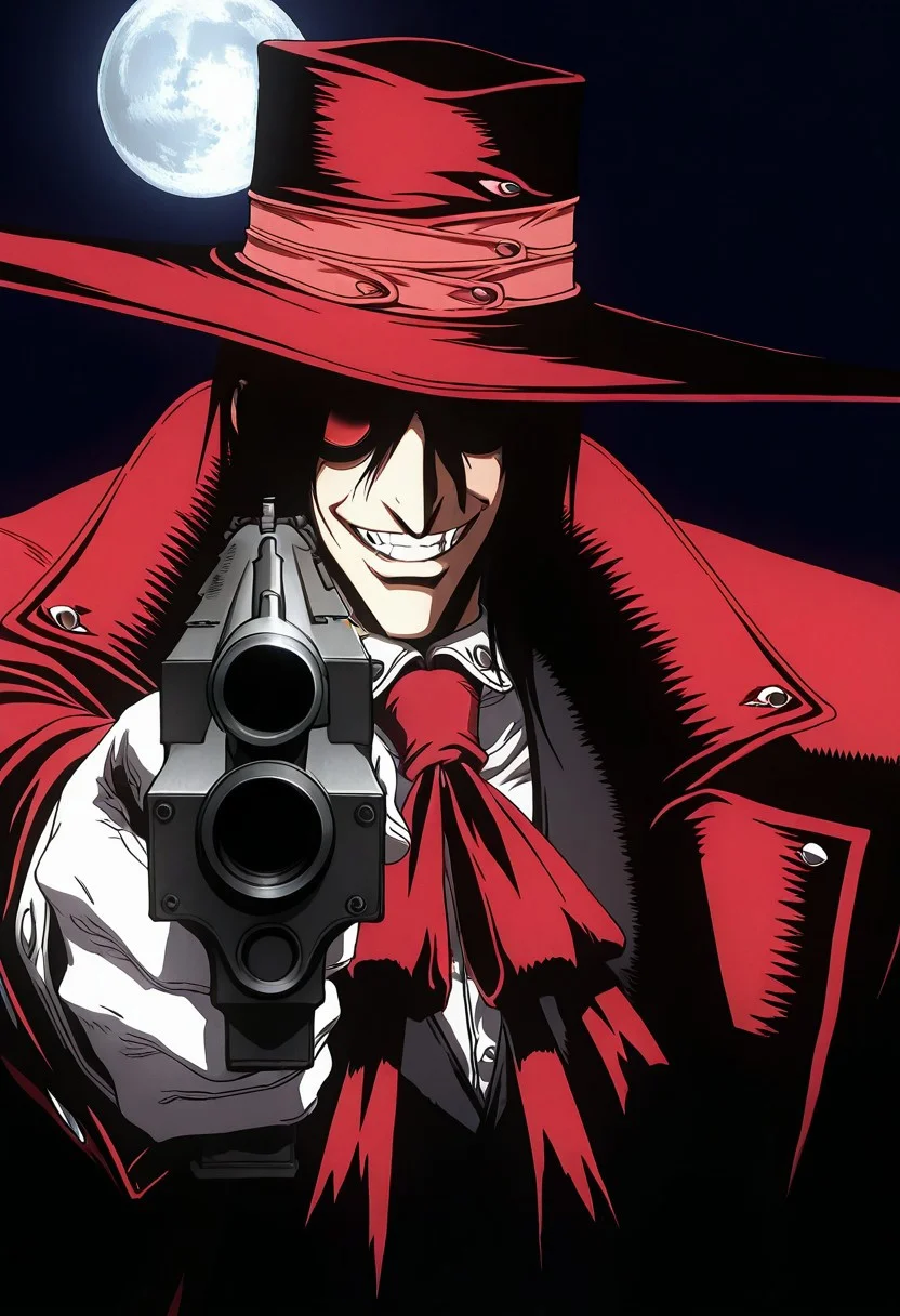 Hellsing_style, masterpiece, best quality, 1boy, male focus, Alucard, grin, hat, covered eyes, moon, shadow, gun, holding gun, aiming at viewer, close-up, dark background,