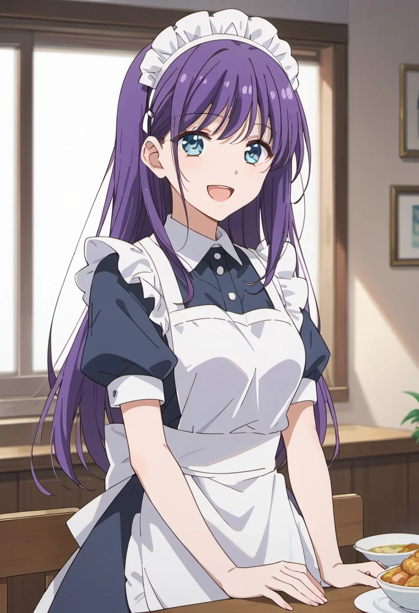 score_9, score_8_up, score_7_up, source_anime,ao horie, purple hair, long hair, blue eyes, 1girl, solo, smile, maid headdress, facing viewer, open mouth, apron, short sleeves