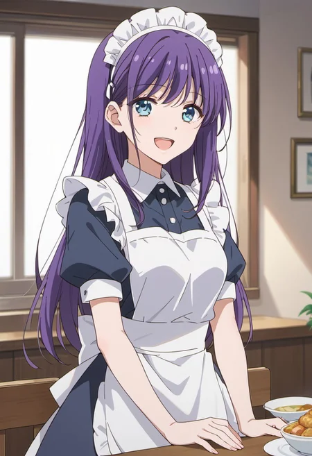 score_9, score_8_up, score_7_up, source_anime,ao horie, purple hair, long hair, blue eyes, 1girl, solo, smile, maid headdress, facing viewer, open mouth, apron, short sleeves