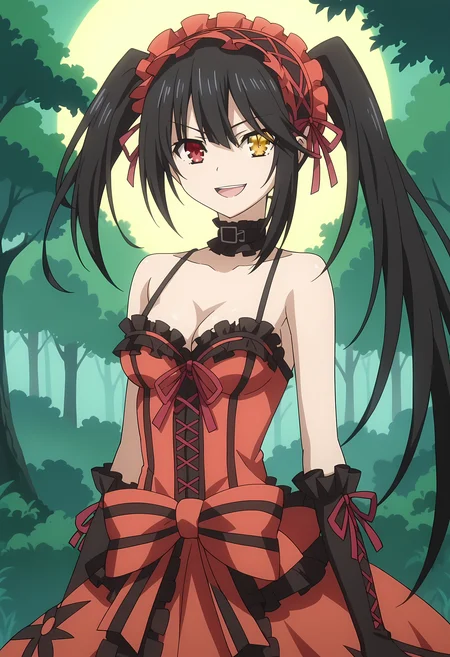 score_9, score_8_up, score_7_up, source_anime, 2d, Kurumi Tokisaki, 1girl, black hair, twintails, asymmetrical hair, red eye, yellow-clock eye, heterochromia, medium breasts, red hairband, cleavage, red dress, black gloves, red stomach ribbon, black choker, anime coloring, anime screencap, detailed eyes, zPDXL, perfect faces, uncensored, rating_explicit, <lora:kurumi_tokisaki_0-000035:0.8>, dark forest, ((evil smile)), open mouth