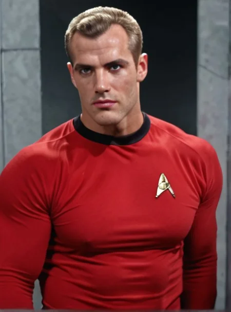 Handsome, masculine, blonde, star trek, red shirt, muscle, tall, tight shirt, wide pectorals, big shoulders, wide shoulders, muscular neck, German,