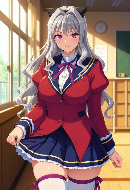 masterpiece, best quality, amazing quality, absurdres, 1girl, solo, cowboy shot, shoukoww, trap, femboy, purple eyes, long hair, grey hair, wavy hair, hair intakes, black hair bow, large breasts, school uniform, purple neck ribbon, red jacket, white dress shirt, puffy sleeves, juliet sleeves, dark blue pleated skirt, petticoat, zettai ryouiki, white thighhighs, purple thigh ribbon, looking at viewer, smile, indoors, day, skindentation, detailed clothing folds, depth of field, sharp, high contrast, dynamic light <lora:Aihara_Shouko_Gakuen_Saimin_Reido_ill:0.8>