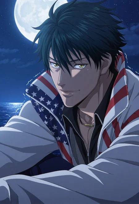 1boy, male focus, ERyogaPT, ERyogaPT_black_hair, ERyogaPT_tan_skin, ERyogaPT_hazel_eyes, ERyogaPT_USA_jacket, ERyogaPT_necklace, bust portrait, outside at night, sitting on the edge of Salar de Uyuni, arms surrounding knees, moon reflected perfectly on endless mirrored water, sky bursting with a billion stars, wind in hair, soft smile, mouth slightly open, head tilted, looking at viewer, eyes shimmering with emotion, brows drawn, lips trembling with anticipation, longing expression, background: infinite moonlit horizon, glistening salt crystals, slightly from the side, slightly from above, dynamic angle, abstract background, masterpiece, best quality, amazing quality, ultra-detailed, absurdres, cinematic lighting, realistic shading, intricate details, shiny skin, newest, 8k resolution, octane render, <lora:Prince_of_tennis_Echizen_Ryoga:0.8>