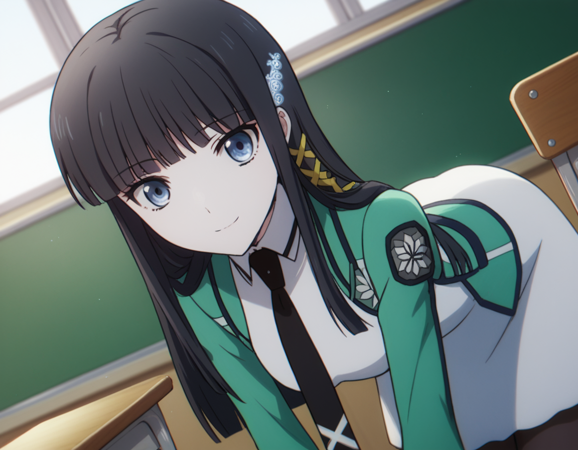 score_9, score_8_up, score_7_up, source_anime,
miyukishiba, <lora:miyuki-shiba-s2-ponyxl-lora-nochekaiser:1>,
miyuki shiba, long hair, blue eyes, black hair, hair ornament, ribbon, hair ribbon, snowflake hair ornament, bangs, blunt bangs,
long sleeves, dress, school uniform, pantyhose, necktie, white dress, black necktie,
indoors, classroom, bent over, smile,
solo, dutch angle, looking at viewer, cowboy shot,