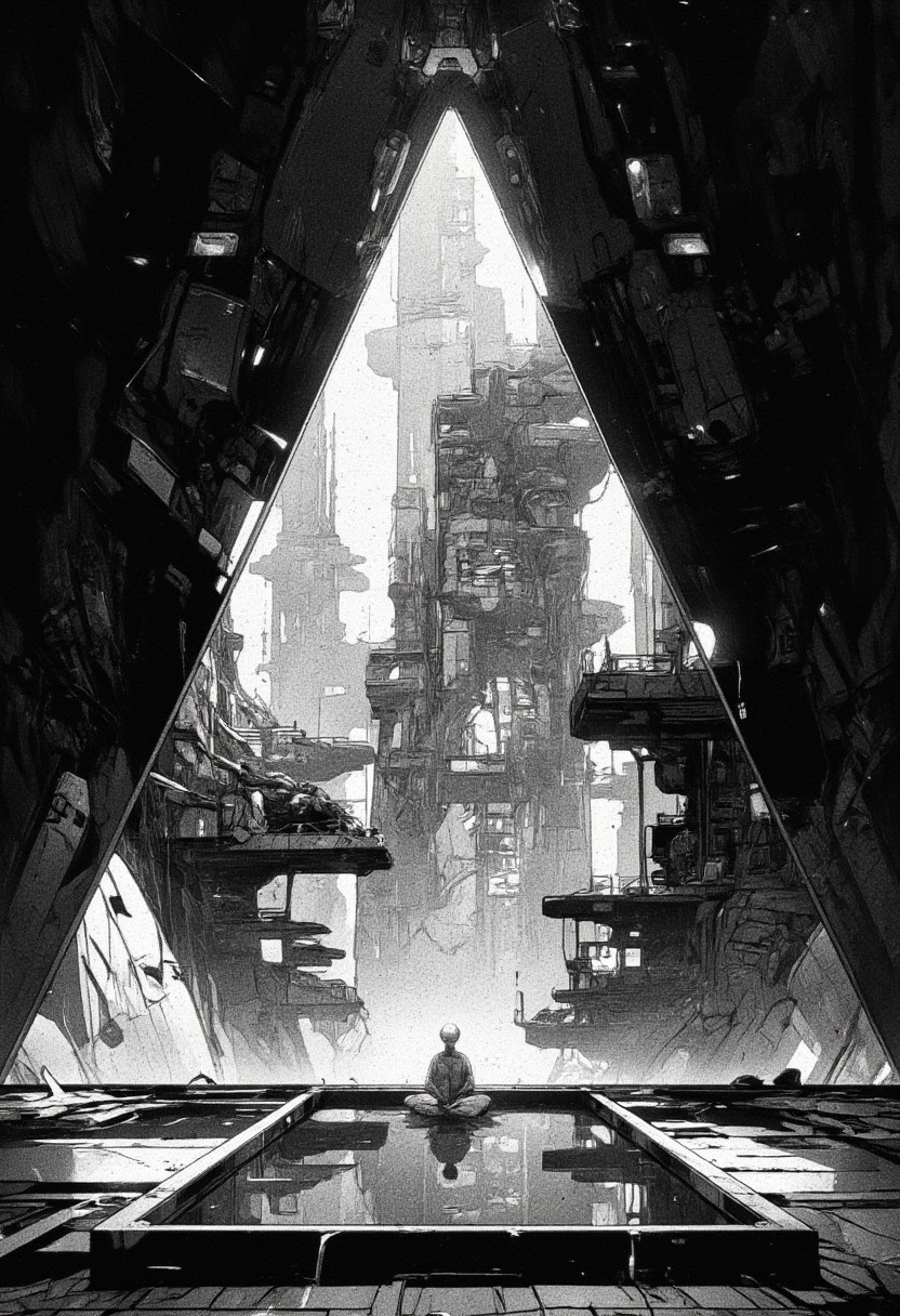 A futuristic cityscape, viewed through a large, triangular window or opening, is depicted in a digital painting style with a focus on sleek architecture and a serene, almost sterile atmosphere, reminiscent of science fiction concept art. The image portrays a highly stylized cityscape with towering structures, interconnected by a network of elevated walkways and waterways, with a figure meditating in a reflective pool in the foreground. The scene evokes a sense of advanced technology, tranquility, and perhaps, social isolation or detachment. The foreground is dominated by a minimalist platform featuring a rectangular pool of reflective water, with a figure dressed in white, kneeling in a meditative pose. The surface of the water perfectly mirrors the cityscape beyond, creating a doubling effect and adding depth to the composition. The edges of the triangular opening, through which the city is viewed, are dark and sharp, framing the scene like a stage set. The mid-ground reveals the intricate details of the futuristic city. The architecture is characterized by clean lines, geometric shapes, and a monochromatic palette with accents of glowing light. Tall, slender towers rise into the sky, some featuring transparent sections that reveal internal structures or gardens. 
,  anime, cyberpunk