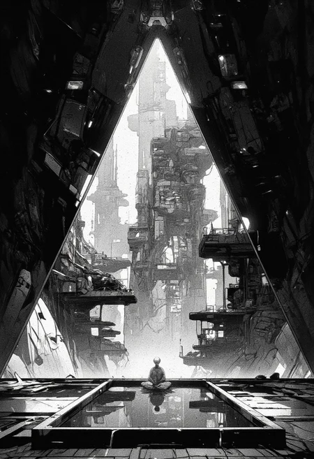A futuristic cityscape, viewed through a large, triangular window or opening, is depicted in a digital painting style with a focus on sleek architecture and a serene, almost sterile atmosphere, reminiscent of science fiction concept art. The image portrays a highly stylized cityscape with towering structures, interconnected by a network of elevated walkways and waterways, with a figure meditating in a reflective pool in the foreground. The scene evokes a sense of advanced technology, tranquility, and perhaps, social isolation or detachment. The foreground is dominated by a minimalist platform featuring a rectangular pool of reflective water, with a figure dressed in white, kneeling in a meditative pose. The surface of the water perfectly mirrors the cityscape beyond, creating a doubling effect and adding depth to the composition. The edges of the triangular opening, through which the city is viewed, are dark and sharp, framing the scene like a stage set. The mid-ground reveals the intricate details of the futuristic city. The architecture is characterized by clean lines, geometric shapes, and a monochromatic palette with accents of glowing light. Tall, slender towers rise into the sky, some featuring transparent sections that reveal internal structures or gardens.
, anime, cyberpunk
