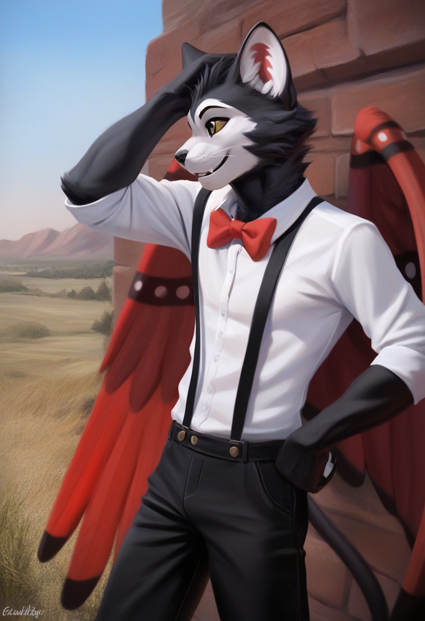 Husk(hh), Husker(hh), Husky(hh), black sclera, yellow eyes, tail, wings, animal ears, paw print, paws, no humans, furry male, Poker themed heart ear detail, animal hands, cat ears, anthro, 4 toes, clothing, clothed, suspenders, two wings, traditional red bowtie, white shirt, pants, trousers, long trousers, Poker themed heart wing detail, wings, feline, cat like, cat furry, (Male anthro cat:1.3).
Solo, alone, by himself, 1boy, male.
Clothing, clothed, suspenders, red bowtie, black trousers, long trousers. 
athletic, athletic body, muscles. (athletic body), (black body:1.1),
HD, digital painting, digital art, masterpiece.
Headshot, head focus, close to face, closeup, bustshot.
Happy emotion, happy. 
Outside, battlefield, ww1. (outside:1.1) 
HD, digital painting, digital art, masterpiece ((headshot)), digital drawing (artwork), digital media (artwork), hi res.  negative_hand. Chunie, Chunie[Style], Realistic, Furry, Animalistic features, Anthro, Detailed, Shaded,