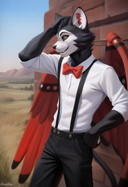 Husk(hh), Husker(hh), Husky(hh), black sclera, yellow eyes, tail, wings, animal ears, paw print, paws, no humans, furry male, Poker themed heart ear detail, animal hands, cat ears, anthro, 4 toes, clothing, clothed, suspenders, two wings, traditional red bowtie, white shirt, pants, trousers, long trousers, Poker themed heart wing detail, wings, feline, cat like, cat furry, (Male anthro cat:1.3).
Solo, alone, by himself, 1boy, male.
Clothing, clothed, suspenders, red bowtie, black trousers, long trousers. 
athletic, athletic body, muscles. (athletic body), (black body:1.1),
HD, digital painting, digital art, masterpiece.
Headshot, head focus, close to face, closeup, bustshot.
Happy emotion, happy. 
Outside, battlefield, ww1. (outside:1.1) 
HD, digital painting, digital art, masterpiece ((headshot)), digital drawing (artwork), digital media (artwork), hi res.  negative_hand. Chunie, Chunie[Style], Realistic, Furry, Animalistic features, Anthro, Detailed, Shaded,