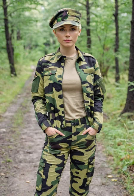 digital camera photo,a woman wearing a military uniform,very short hair,pixie cut,blonde hair,,in forest,cap,shirt,pants,jacket,czechmlok, <lora:mlokxl:0.75>