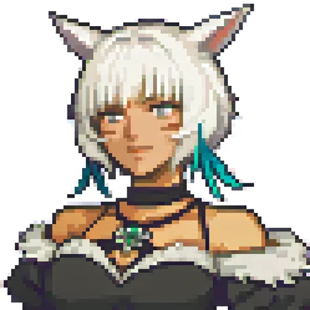 score_9, score_8_up, score_7_up, source_anime BREAK fegbaportraits, portrait, white background, shtla, dark-skinned female, slit pupils, animal ears, tail, whisker markings, short hair, large breasts, grey eyes, white hair, feather earrings, shaOtft, brooch, black halterneck, black choker, black dress <lora:zs_FEGBAPortraitsXL:1> <lora:YshtolaRhulPDXL_V1-Manityro-CAME:0.6>