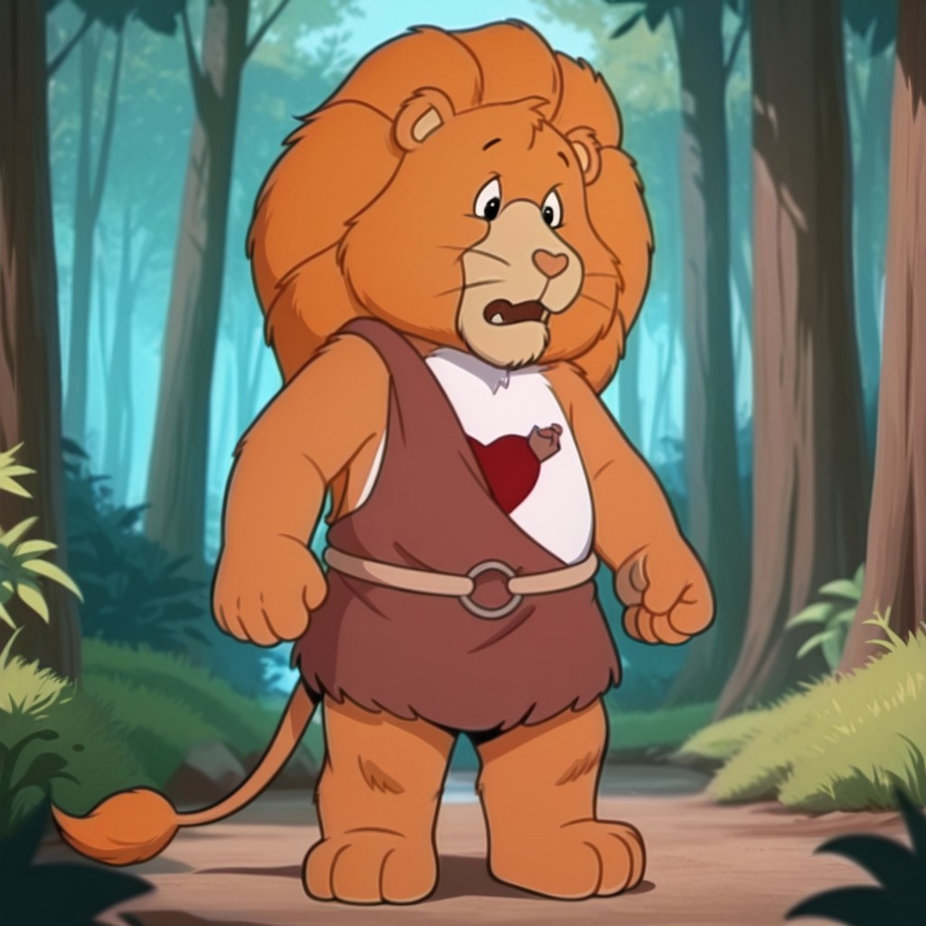 ,masterpiece, best quality, amazing quality,  BraveHrtLionil, semi-anthro, male, lion_boy, orange fur, orange mane, black eyes, Tummy Symbol, tail, tail tuft,brown caveman outfit, tan belt, forest, full body