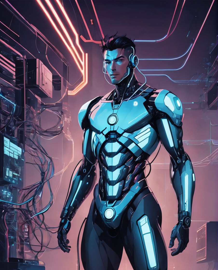 cyborg man connected to cyberspace, science fiction, three fourth perspective, high tech, line art, (flat colors), masterpiece, high quality, 8k, best_quality,  <lora:lineartSDXL:1>