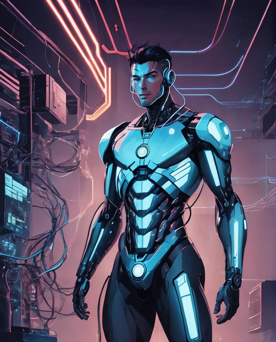 cyborg man connected to cyberspace, science fiction, three fourth perspective, high tech, line art, (flat colors), masterpiece, high quality, 8k, best_quality, <lora:lineartSDXL:1>