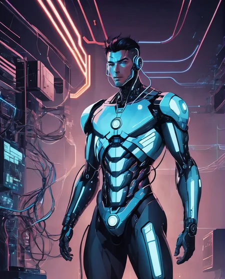 cyborg man connected to cyberspace, science fiction, three fourth perspective, high tech, line art, (flat colors), masterpiece, high quality, 8k, best_quality,  <lora:lineartSDXL:1>