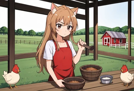 Aisaka_Taiga, 1girl, solo, flat chest, brown_eyes, catgirl, female, farm, field, farmer, wooden house, working, work clothes, chicken, feeding, holding, bowl