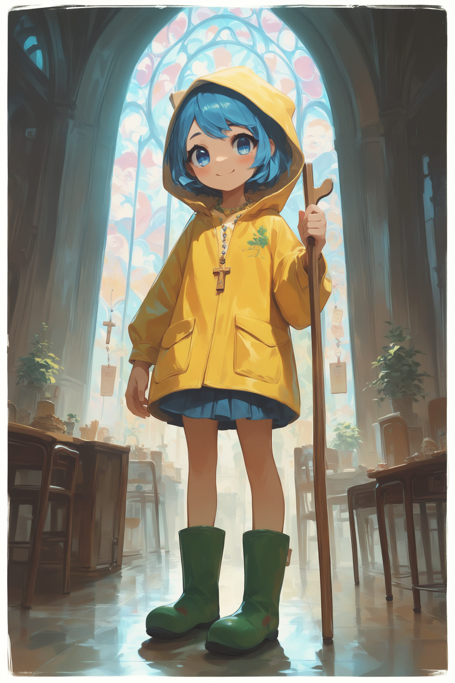 score_9, score_8_up, score_7_up, score_6_up, score_9, score_8_up, score_8, source_anime, 
luce, 1girl, solo, cute girl, short blue hair, blue eyes, full body, boots, signature, yellow hood, colored necklace, cross, staff, smile, blush, indoors,  
masterpiece, best quality, 
<lora:luce_pony:1.0>