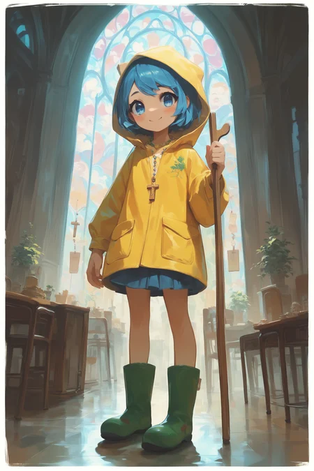 score_9, score_8_up, score_7_up, score_6_up, score_9, score_8_up, score_8, source_anime, 
luce, 1girl, solo, cute girl, short blue hair, blue eyes, full body, boots, signature, yellow hood, colored necklace, cross, staff, smile, blush, indoors,  
masterpiece, best quality, 
<lora:luce_pony:1.0>