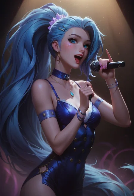 score_9, score_8_up, score_7_up, KDA Seraphine from League of Legends, KDA Seraphine outfit, (singing on stage:1.2), holding a microphone, (voluminous long ponytail:1.2), very long hair, indigo hair color, perfect face, adorable, alluring, posing, dynamic sexy pose, detailed eyes, detailed face, eye contact, looking at viewer, seductive, lifelike art, cowboy shot, dramatic lighting, cute girl, detailed setting, detailed background, (on stage:1.1)