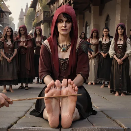 score_9, score_8_up, score_7_up, realistic, detailed, bastinado, 1girl, barefoot, soles, soles focus,, beautiful face, Morrigan_DAO, looking up, beautiful, barefoot, black hair, yellow eyes, red hood, black skirt, black pants, necklace, cane, medieval marketplace, crowd:, Medieval