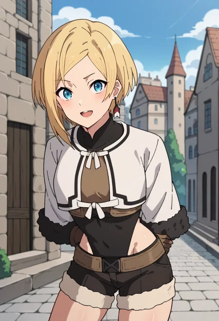 score_4, score_5, score_6, score_9, score_8_up, score_7_up, source_anime,
<lora:MushokuTensei_SaraXL:0.8>, SaraMT,
1girl, open mouth, light smile, blush,
blonde hair, blue eyes, short hair, single earring,
layered clothes, cropped jacket, white jacket, brown shirt, black leotard, fur-trimmed sleeves, brown gloves, belt, fur-trimmed shorts,
standing, looking at viewer, leaning forward, arms behind back, from angle,
outdoors, medieval, city, stone, tree, painted background