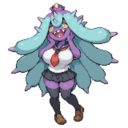 Simple background, white background, <lora:pkspif_nb_v1-2:1>,fullbody, (from front), 1girl, Solo, standing, Big breasts, <lora:mareanieillus:1>, mareanie, anthro, furry girl, pokemon, yellow sclera, spikes, purple skin, sharp teeth, blush, smile, hand on chest, hand on cheek, open mouth, Serafuku, black thighhigh, mini skirt, white shirt, school uniform, red necktie, black skirt, brown shoes